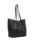 Black leather tote bag with shoulder straps on a white background