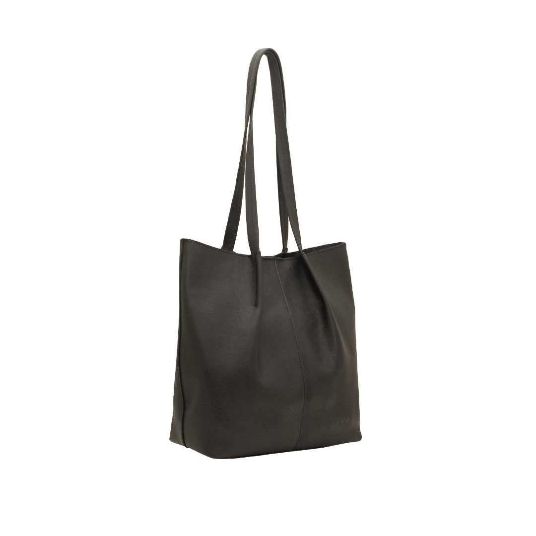 Black leather tote bag on a white background