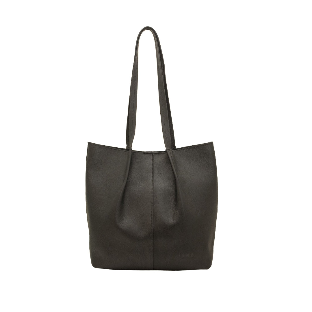 Black leather tote bag on a white background