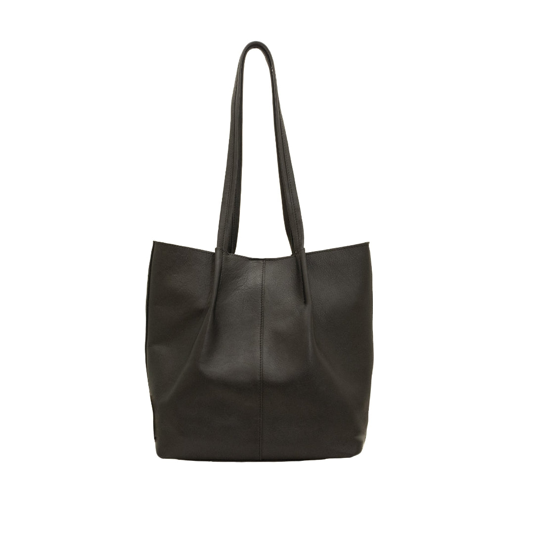 Black leather tote bag on a white background