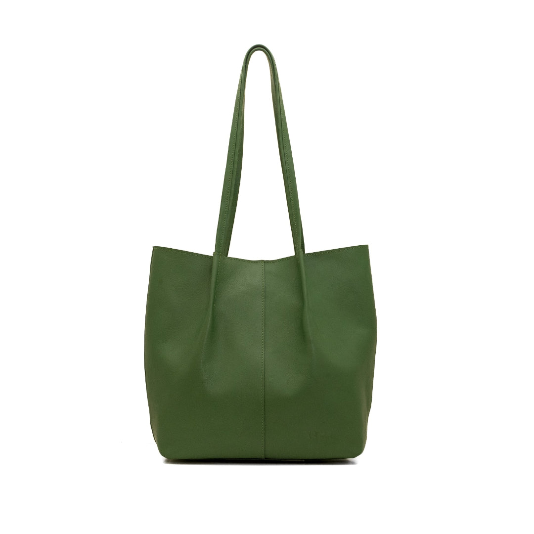 Green leather tote bag on a white background