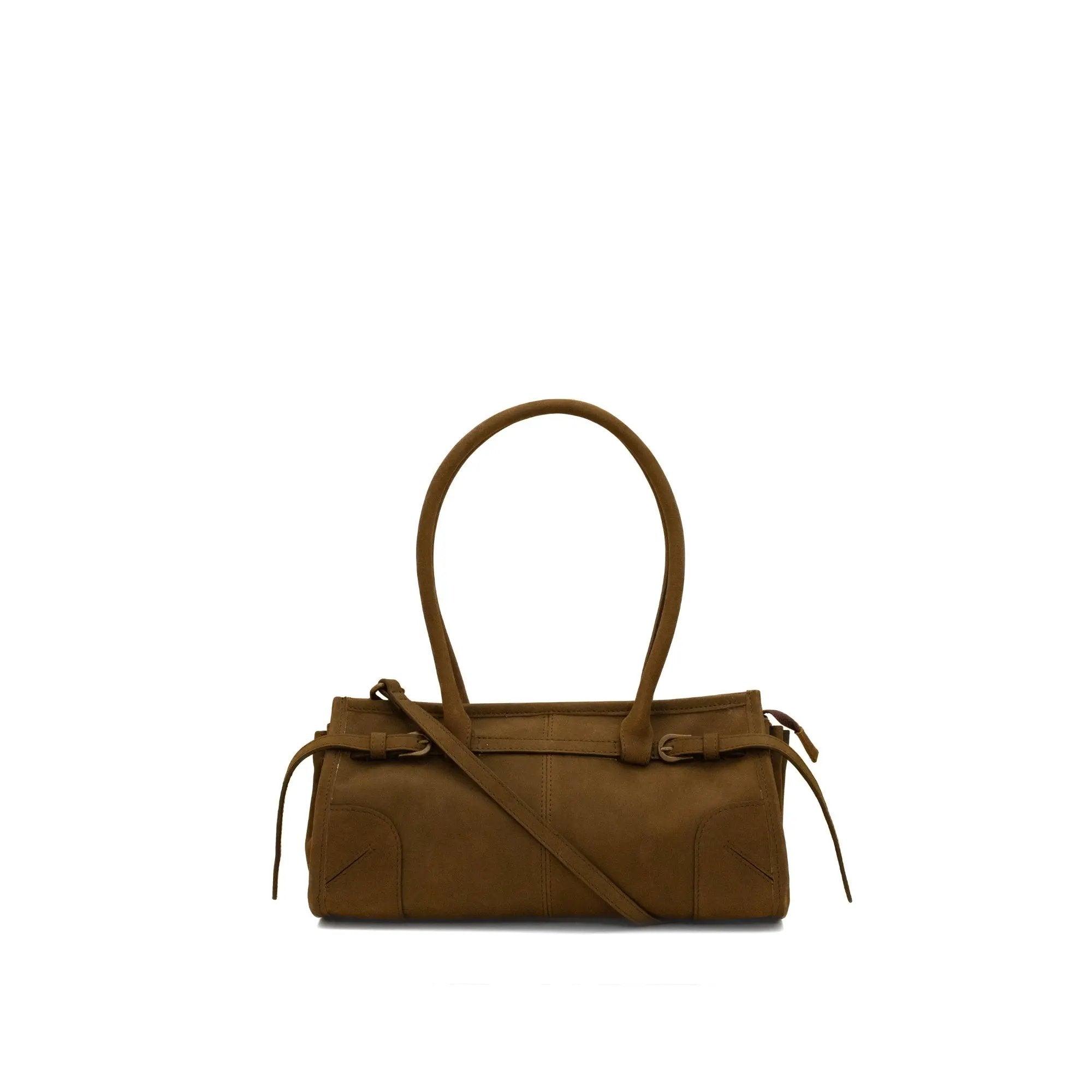 Brown handbag with a shoulder strap on a white background