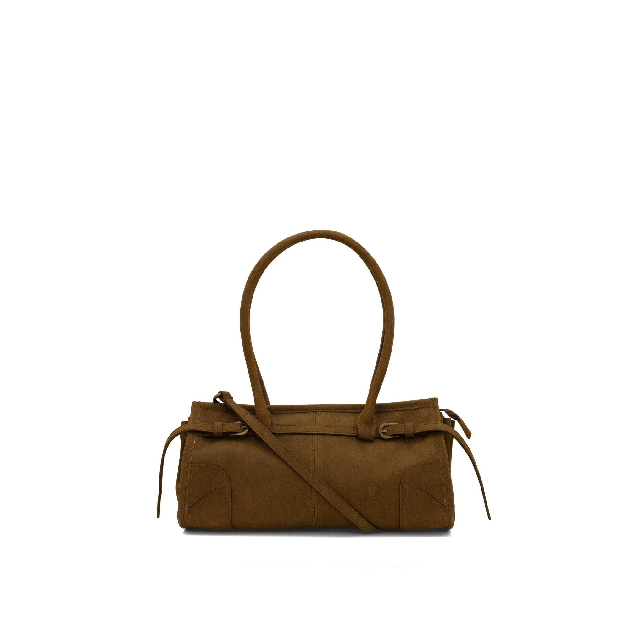 Brown handbag with a shoulder strap on a white background