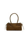 Brown handbag with a shoulder strap on a white background
