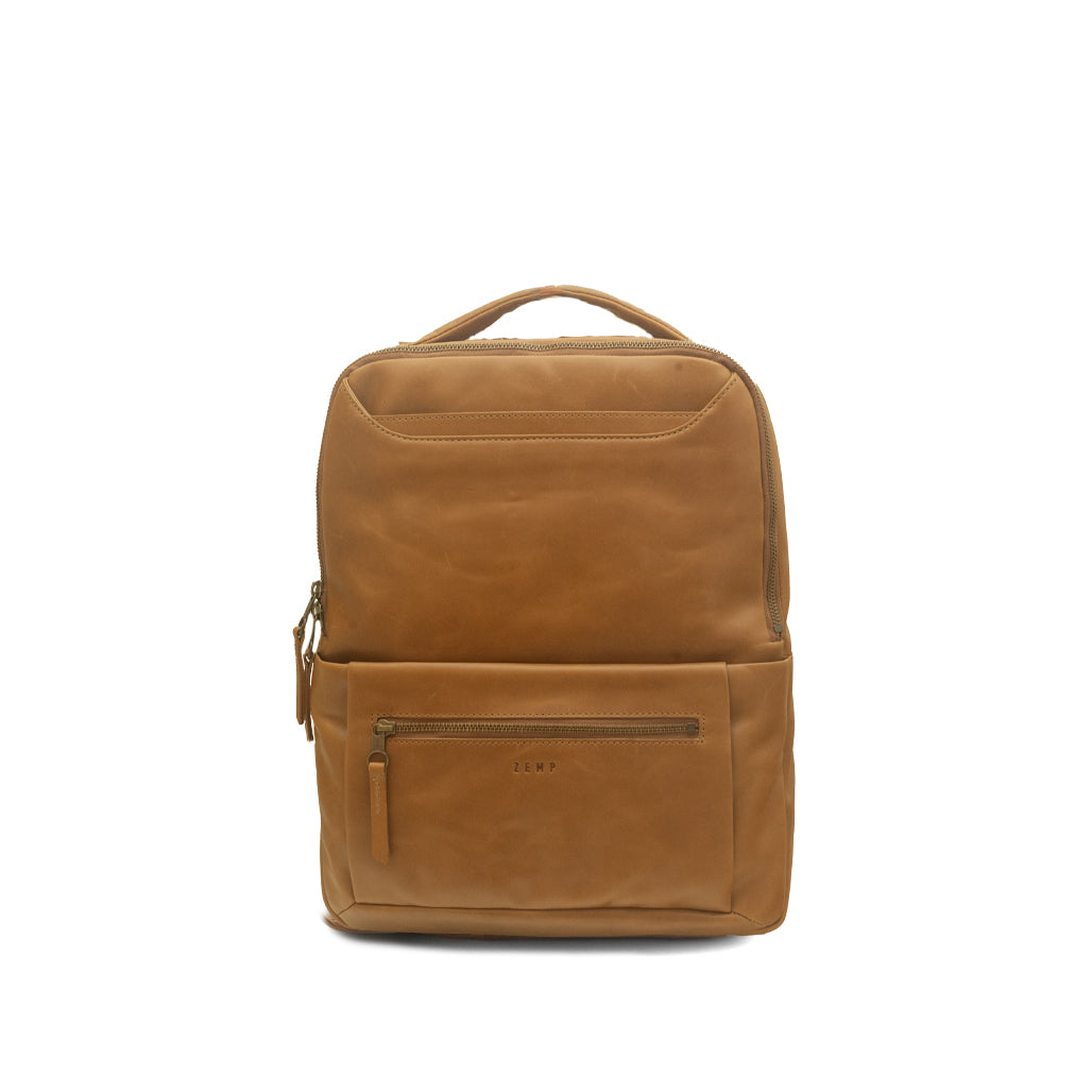 Brown leather backpack on a white background