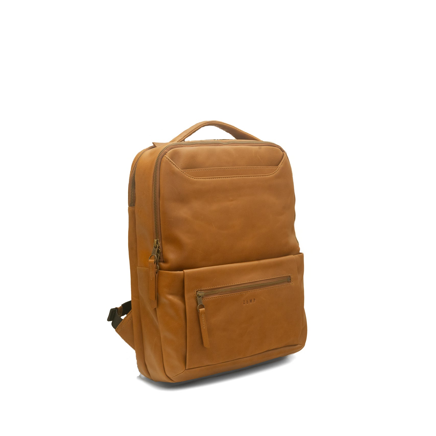 Brown leather backpack on a white background