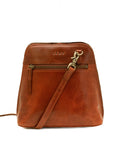 Brown leather crossbody bag with gold zipper on a white background