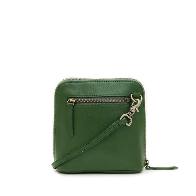 Green leather crossbody bag with gold zipper on a white background