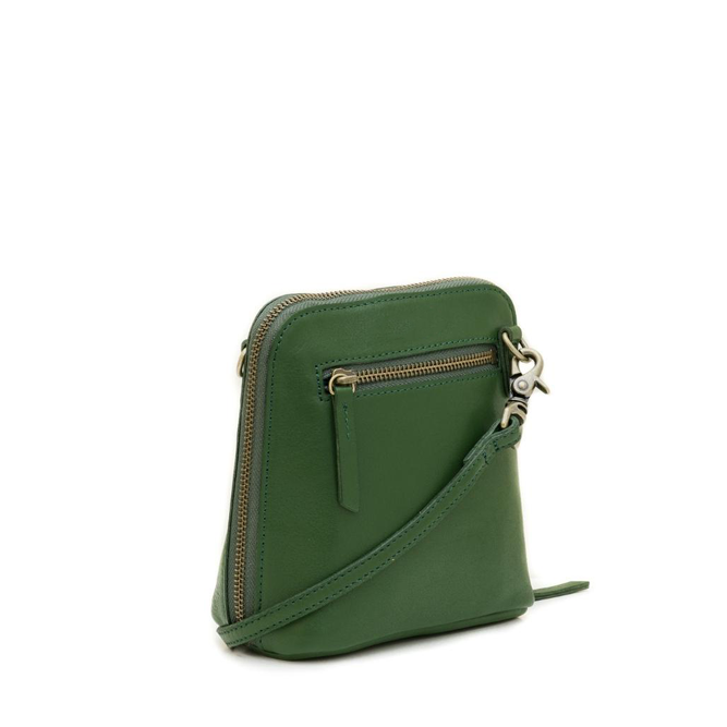 Green leather crossbody bag with gold zipper on a white background