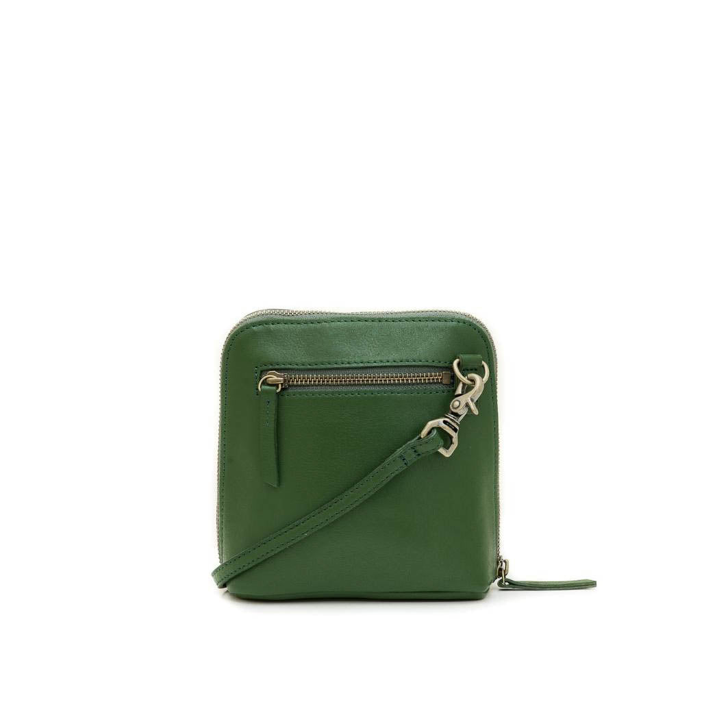 Green leather crossbody bag on a white background