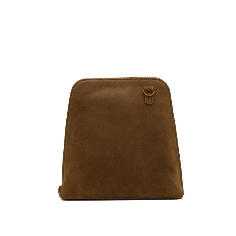 A brown suede or nubuck backpack with a small metal D-ring detail on the upper right side, shown against a plain white background.