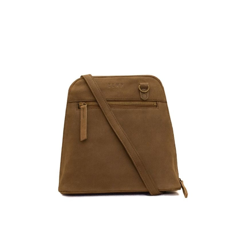 A brown leather crossbody bag with a front zippered pocket and a matching leather strap, shown on a plain white background.