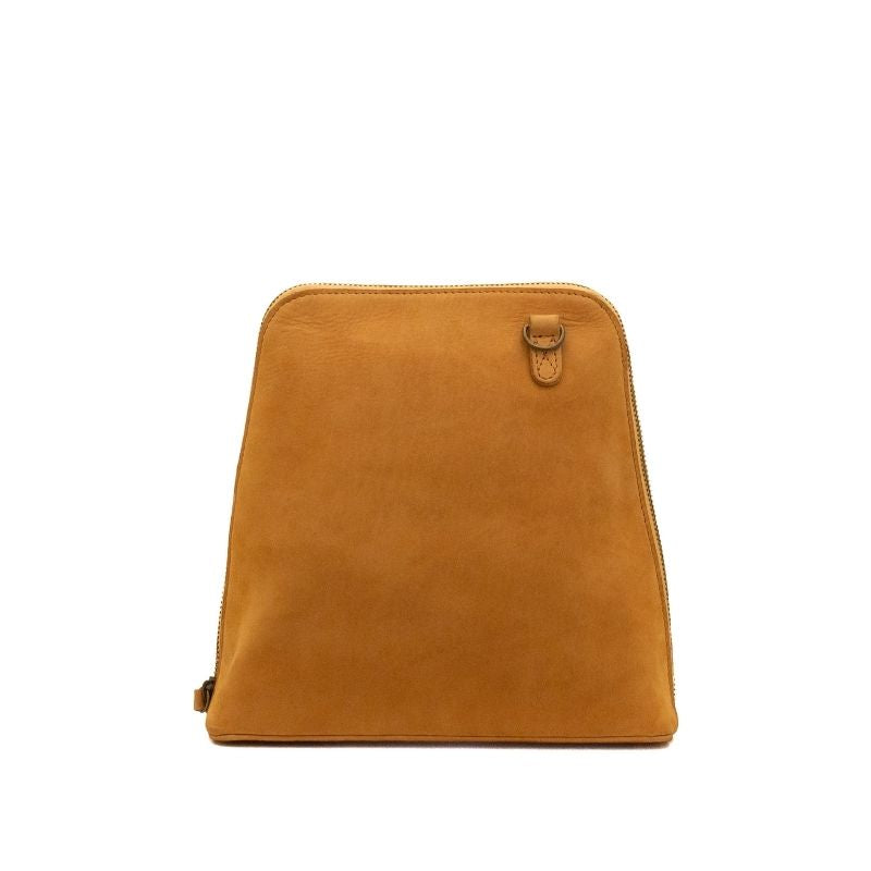 A tan suede laptop sleeve or backpack with a top zipper and a small leather strap detail on the upper right, shown against a plain white background.
