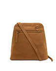 A tan leather crossbody bag with a front zippered pocket and a matching shoulder strap, shown on a plain white background.