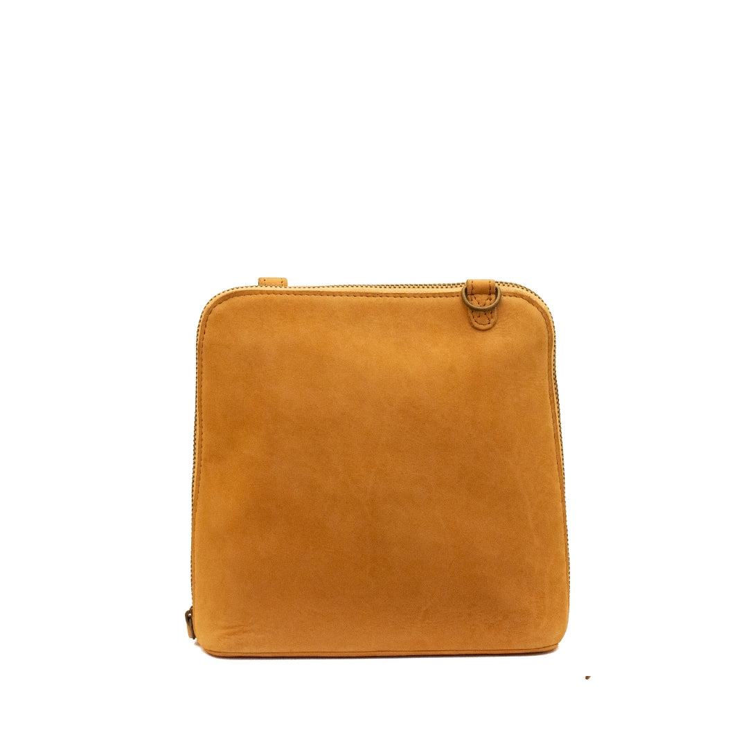 A square tan leather pouch or document holder with a top zipper closure and a small leather loop detail on the upper right, shown against a plain white background.