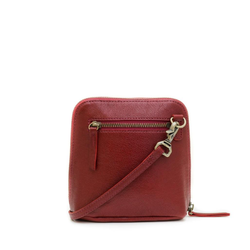 Red leather crossbody bag with gold zipper on a white background