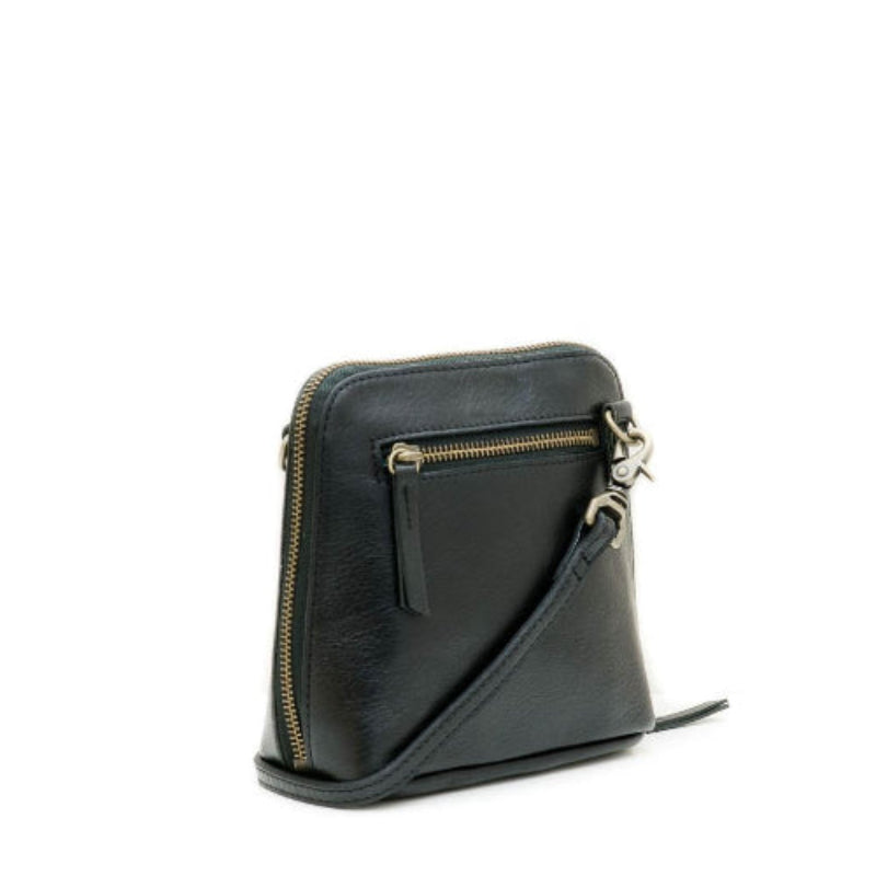 Black leather crossbody bag with gold zipper on a white background