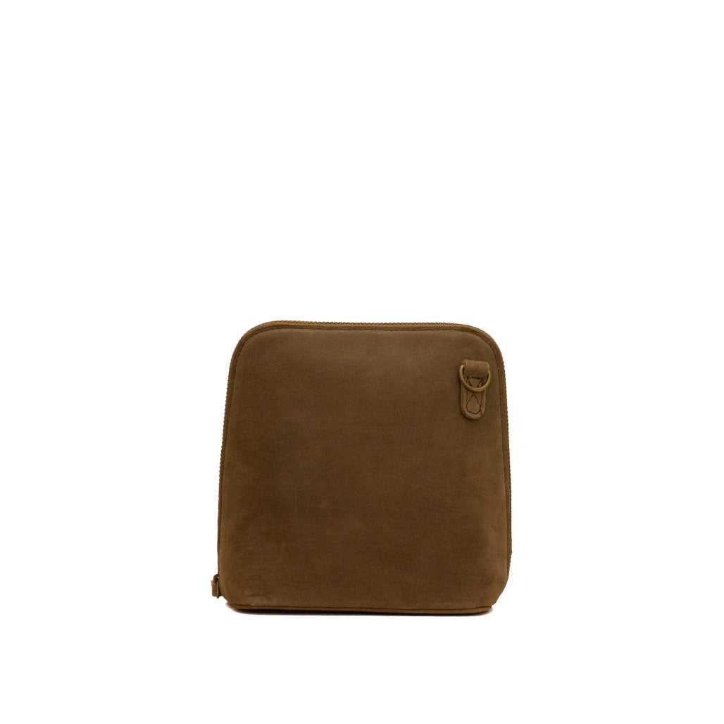 A brown suede tablet sleeve or document pouch with a small leather strap detail on the upper right, shown against a plain white background.