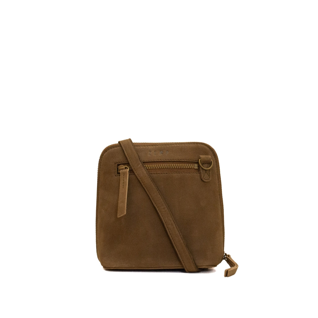 A brown suede crossbody bag with a matching adjustable shoulder strap, a front zippered pocket, and a top zipper closure, shown against a plain white background.