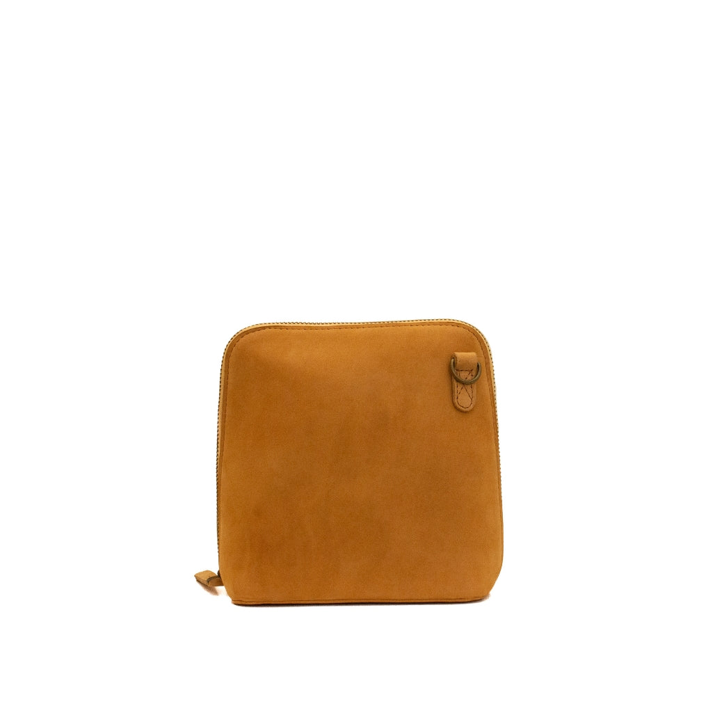 A small tan leather zip-around pouch with a top zipper and a small leather tab detail on the right side, shown against a plain white background.