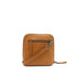 Tan leather crossbody bag with a visible brand logo on a white background