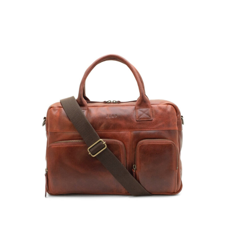Brown leather duffel bag with a shoulder strap on a white background