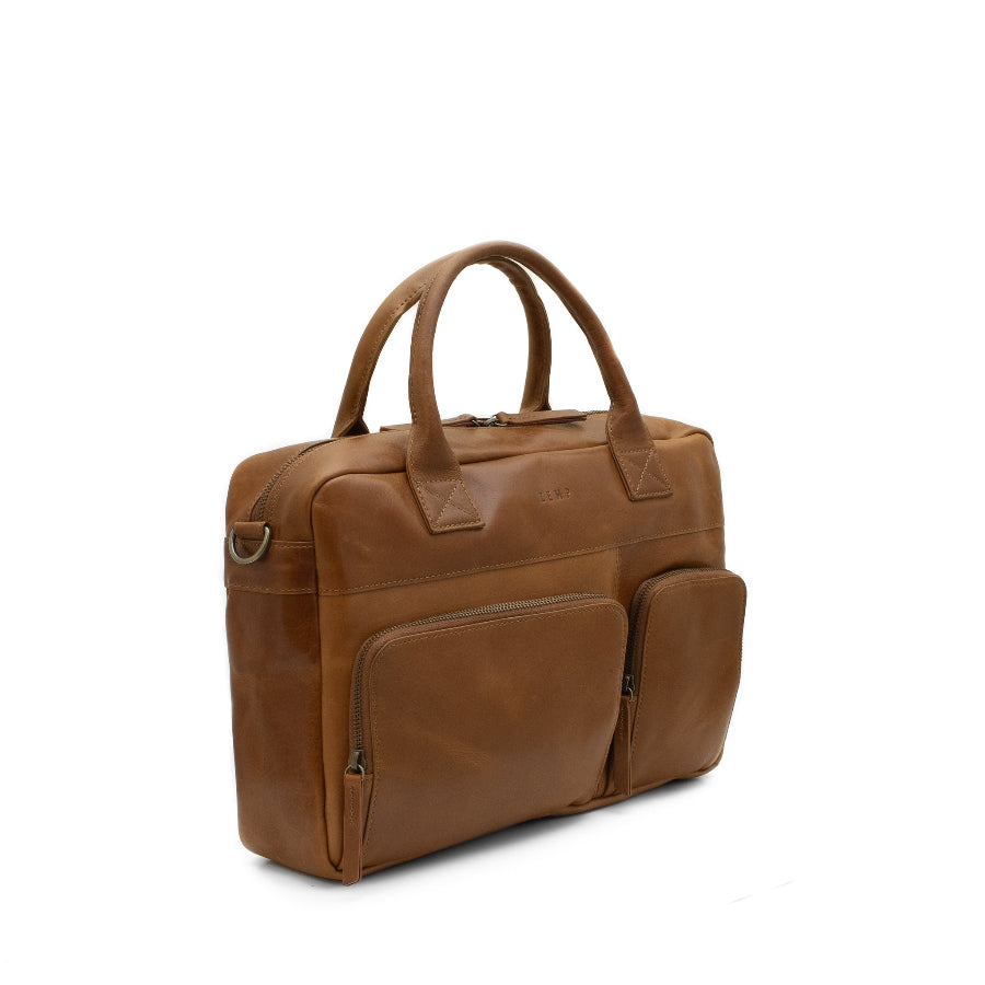 Brown leather briefcase on a white background