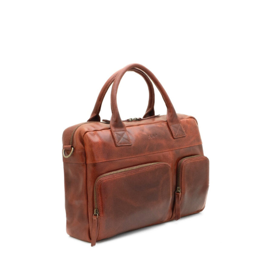 Brown leather briefcase on a white background