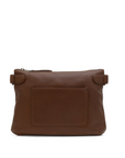 Brown leather bag with a pocket on a white background