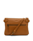 Brown leather crossbody bag on a white background