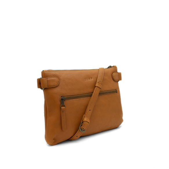 Brown leather crossbody bag on a white background