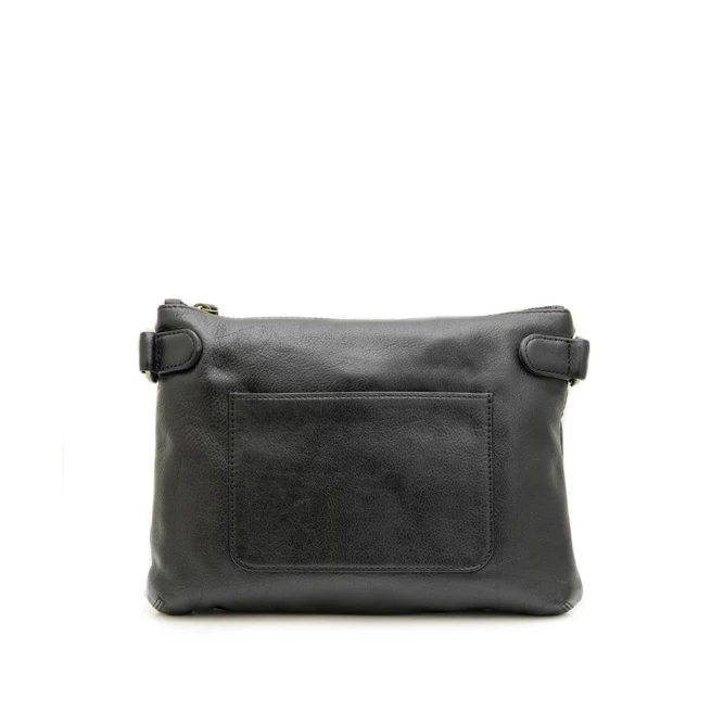 Black leather crossbody bag on a white background