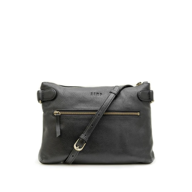Black leather handbag with gold zipper on a white background