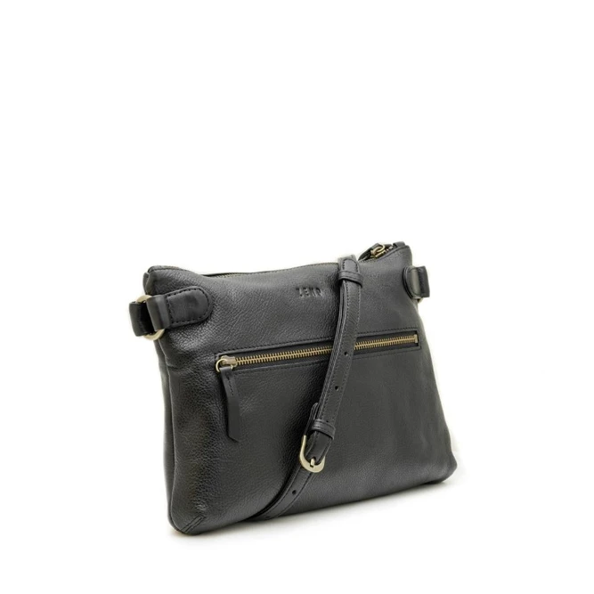 Black leather handbag with gold zipper on a white background