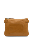 Brown leather clutch bag on a white background