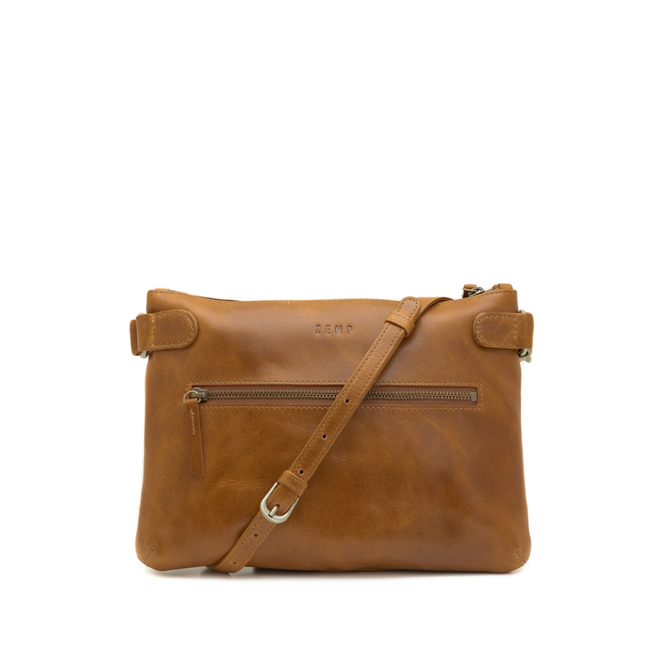 Brown leather handbag with a visible brand name on a white background