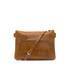 Brown leather handbag with a visible brand name on a white background