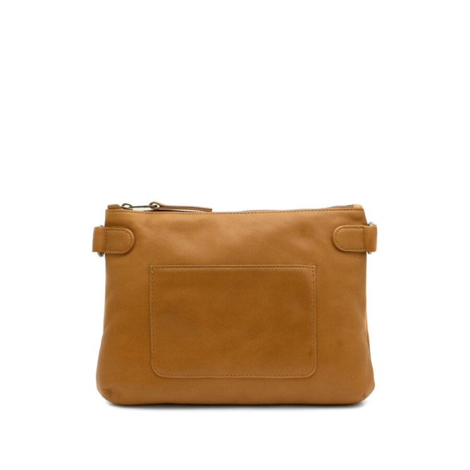 Brown leather clutch bag on a white background