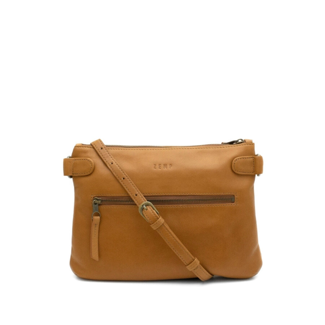 Brown leather crossbody bag on a white background