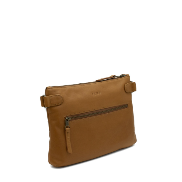 Brown leather crossbody bag on a white background