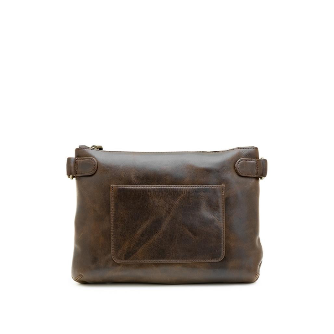 Brown leather bag with a pocket on a white background