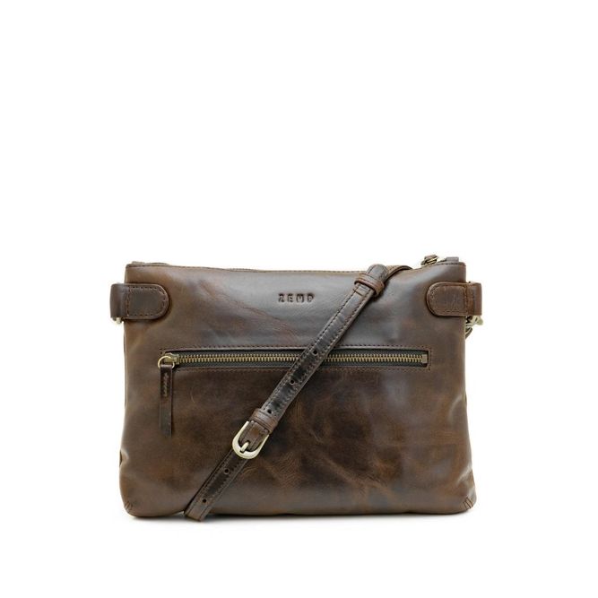 Brown leather handbag with a strap on a white background
