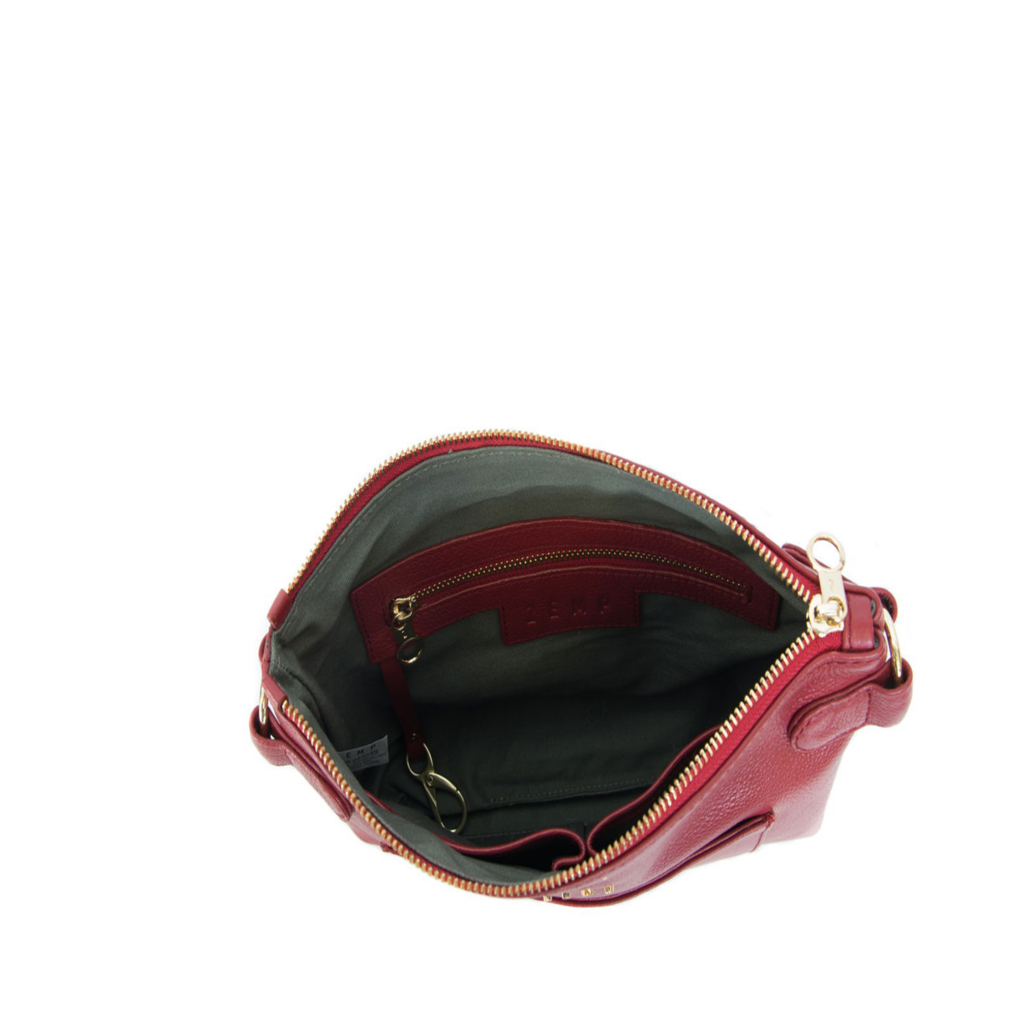 Red handbag with gold zipper on a white background