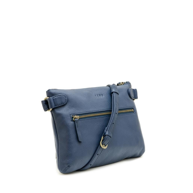 Blue leather handbag with a strap on a white background