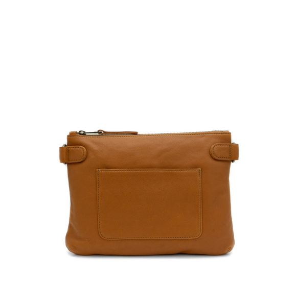 Brown leather clutch bag on a white background
