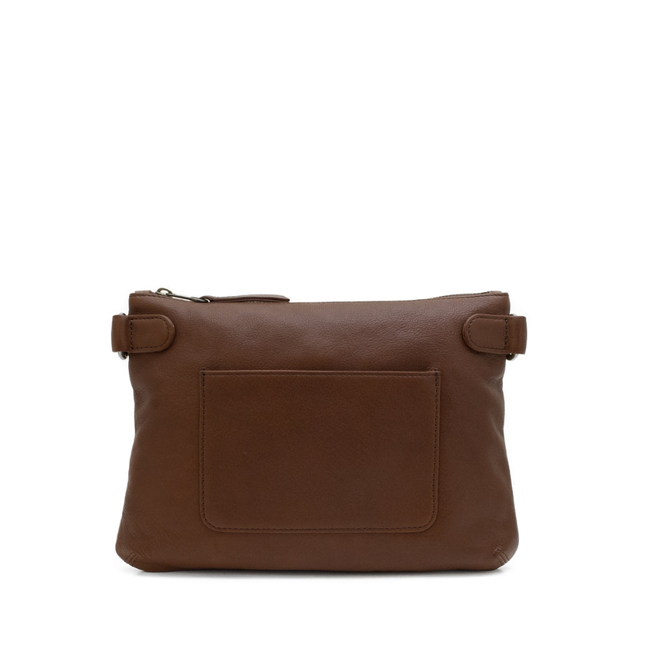 Brown leather bag with a pocket on a white background