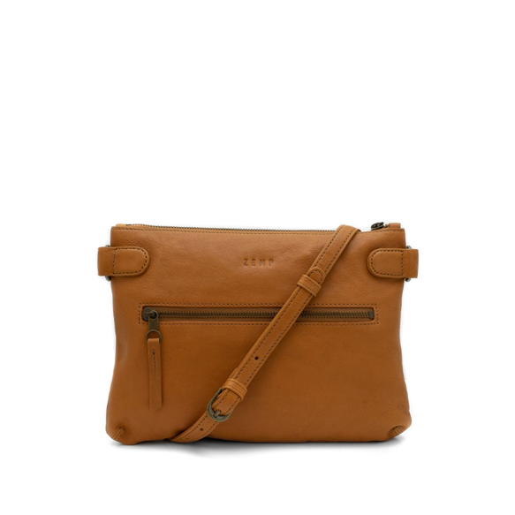Brown leather crossbody bag on a white background