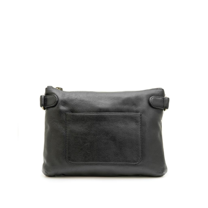Black leather crossbody bag on a white background