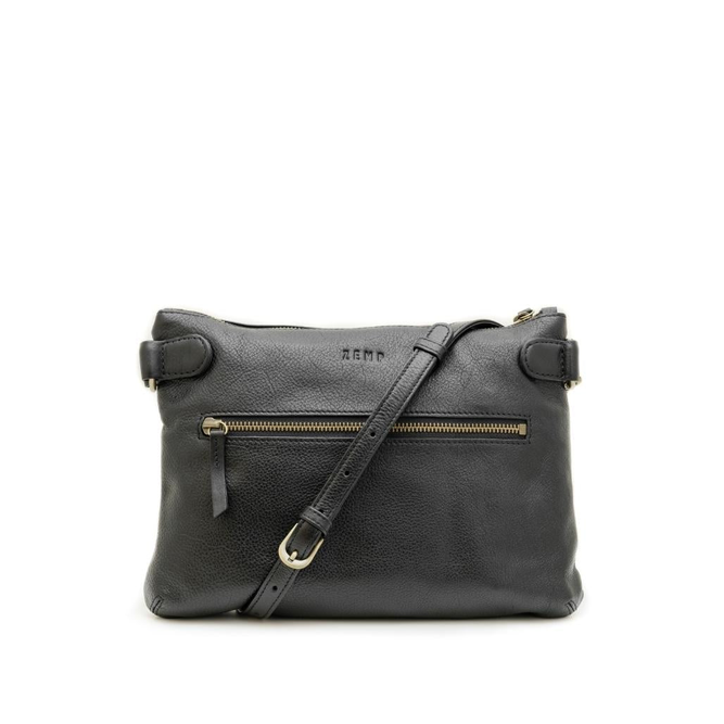 Black leather handbag with gold zipper on a white background