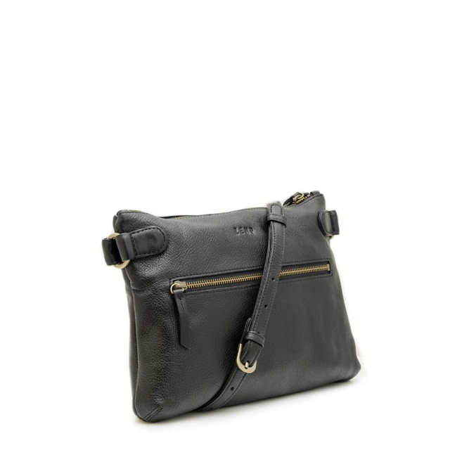Black leather handbag with gold zipper on a white background